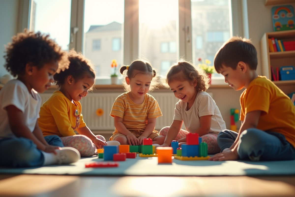 Groupe d'enfants en classe jouant avec des blocs colorés