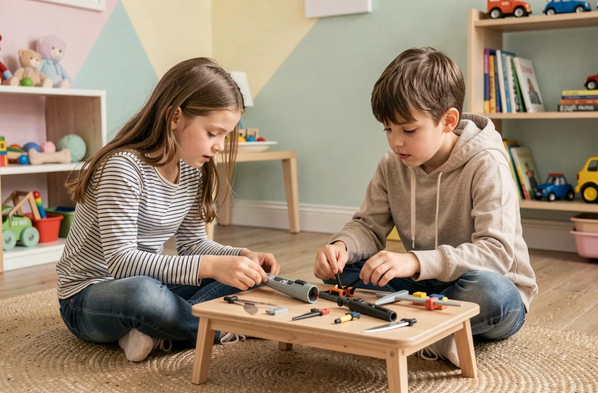 Deux enfants examinant les pièces d'un Bley Blade démonté sur une table basse dans une salle de jeux