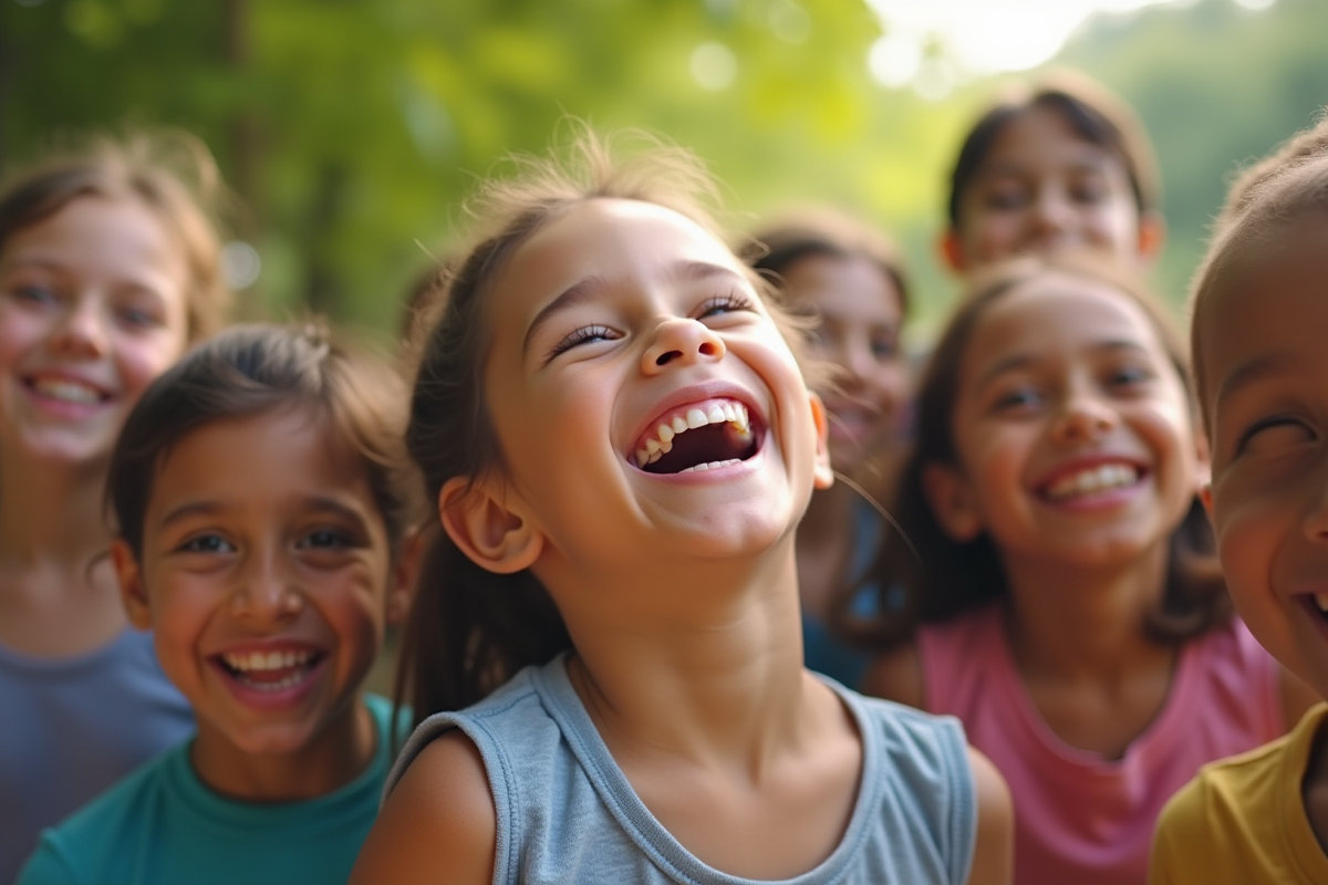 Groupe d'enfants souriants en plein air avec lumière naturelle