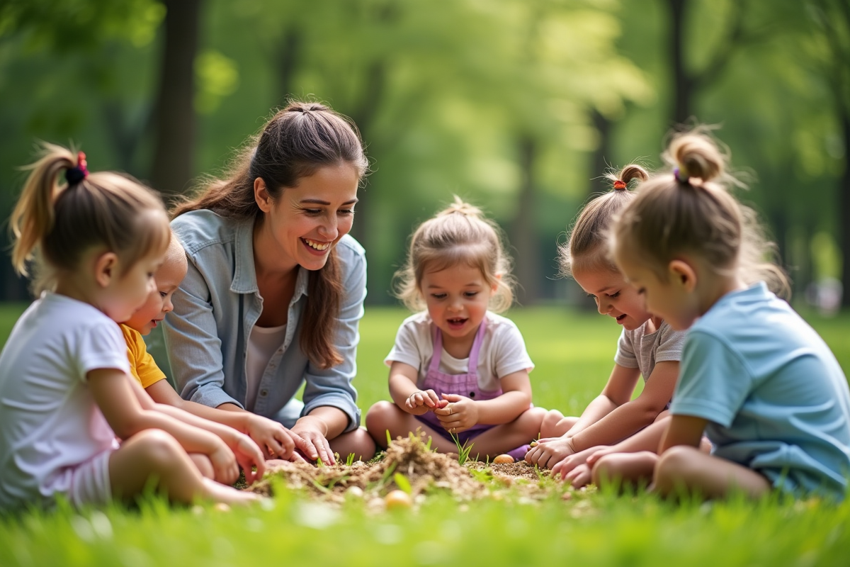 Enseignante souriante avec enfants dans un parc vert