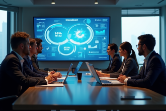 Groupe de professionnels en réunion autour de diagrammes blockchain