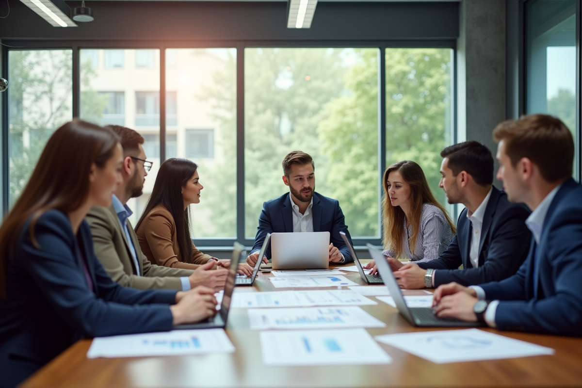 Groupe de professionnels collaborant en marketing dans un bureau lumineux