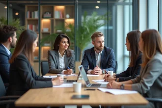 Groupe de professionnels en réunion dans un espace moderne