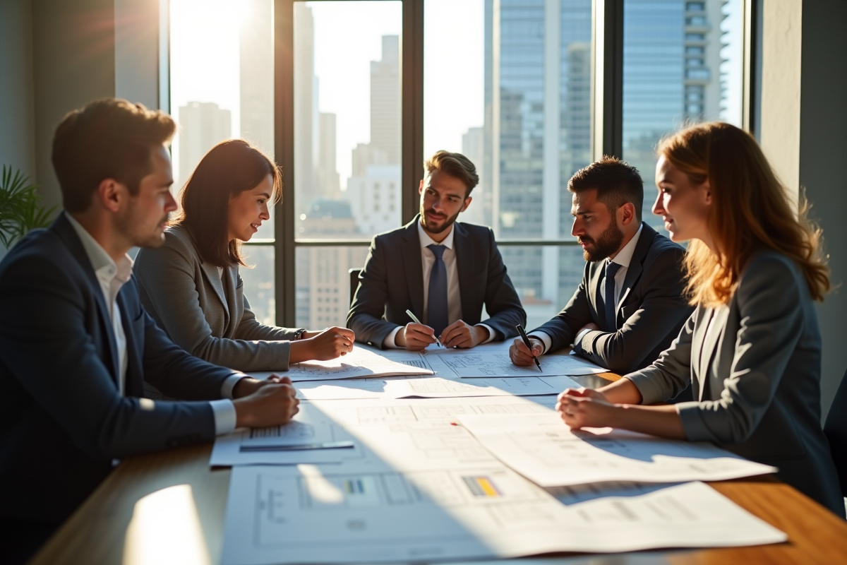 Groupe de jeunes professionnels étudiant des plans architecturaux