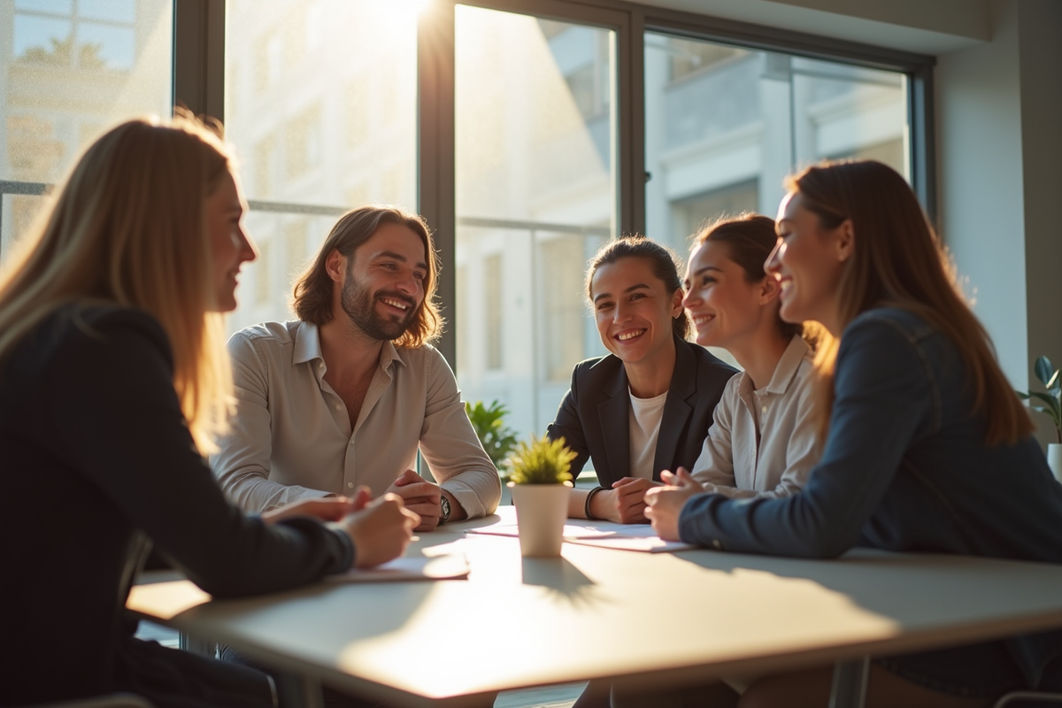Groupe de collègues souriants dans un bureau moderne