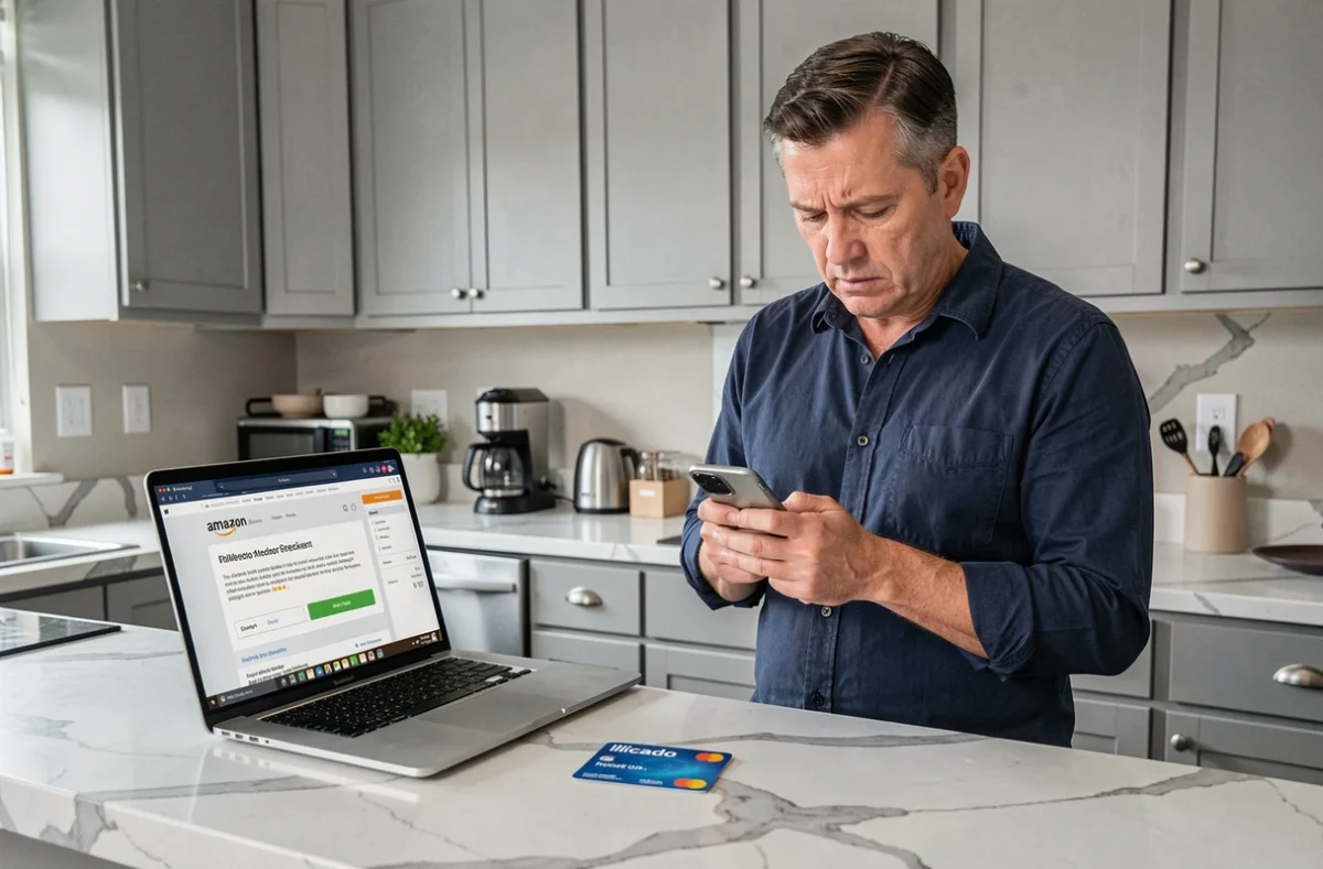 Homme consultant son smartphone face à une erreur de paiement carte Illicado sur Amazon