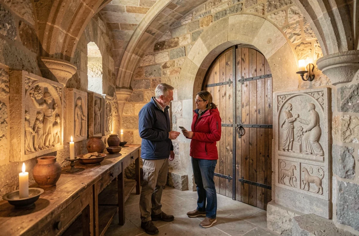 Joueurs explorant des indices médiévaux dans les murs authentiques de l'escape game au Château de Bidache