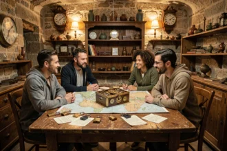 Groupe de joueurs concentrés autour d'énigmes dans un escape game des Pyrénées-Atlantiques