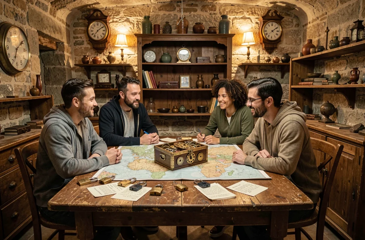 Groupe de joueurs concentrés autour d'énigmes dans un escape game des Pyrénées-Atlantiques