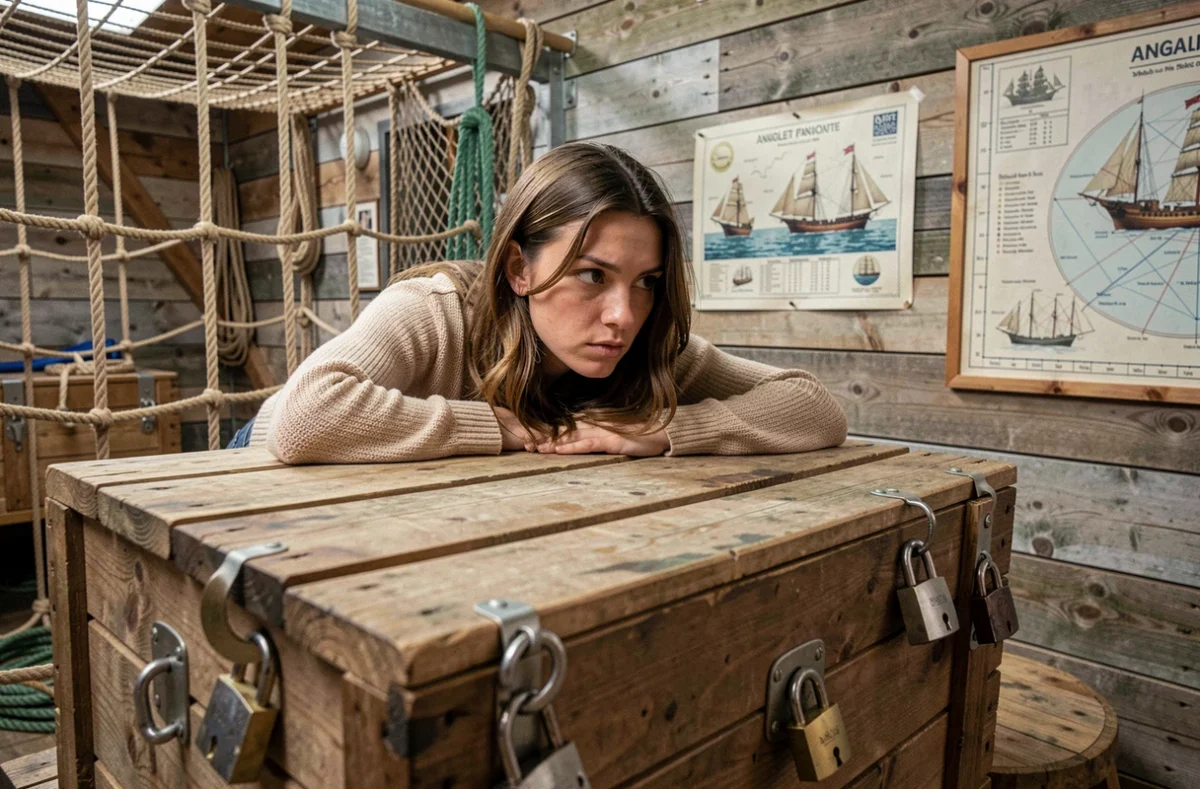 Joueuse ouvrant une caisse mystérieuse dans la salle d'aventure maritime d'Escape You à Anglet