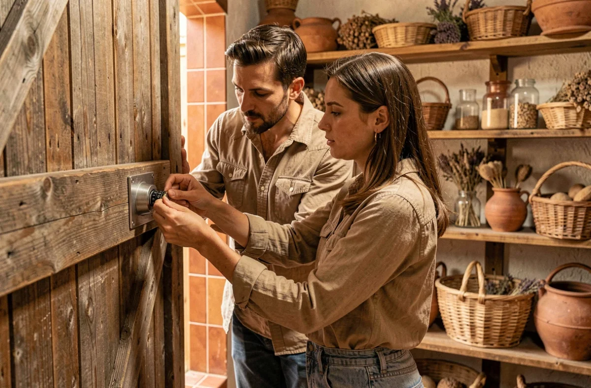Duo de joueurs décodant un cadenas dans un décor de ferme basque rustique à Eskap à Arzacq-Arraziguet