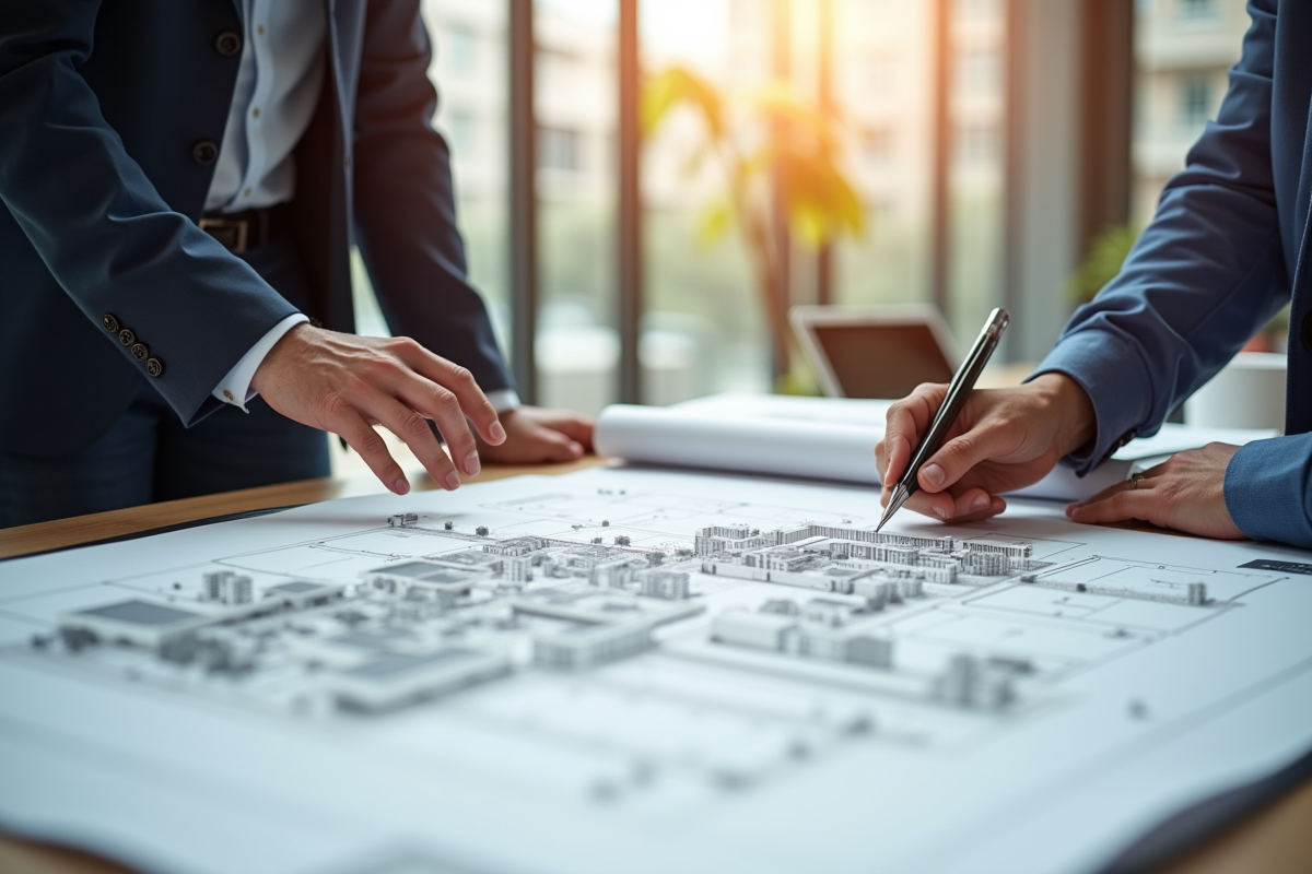 Espace de travail contemporain avec plans d'urbanisme sur la table