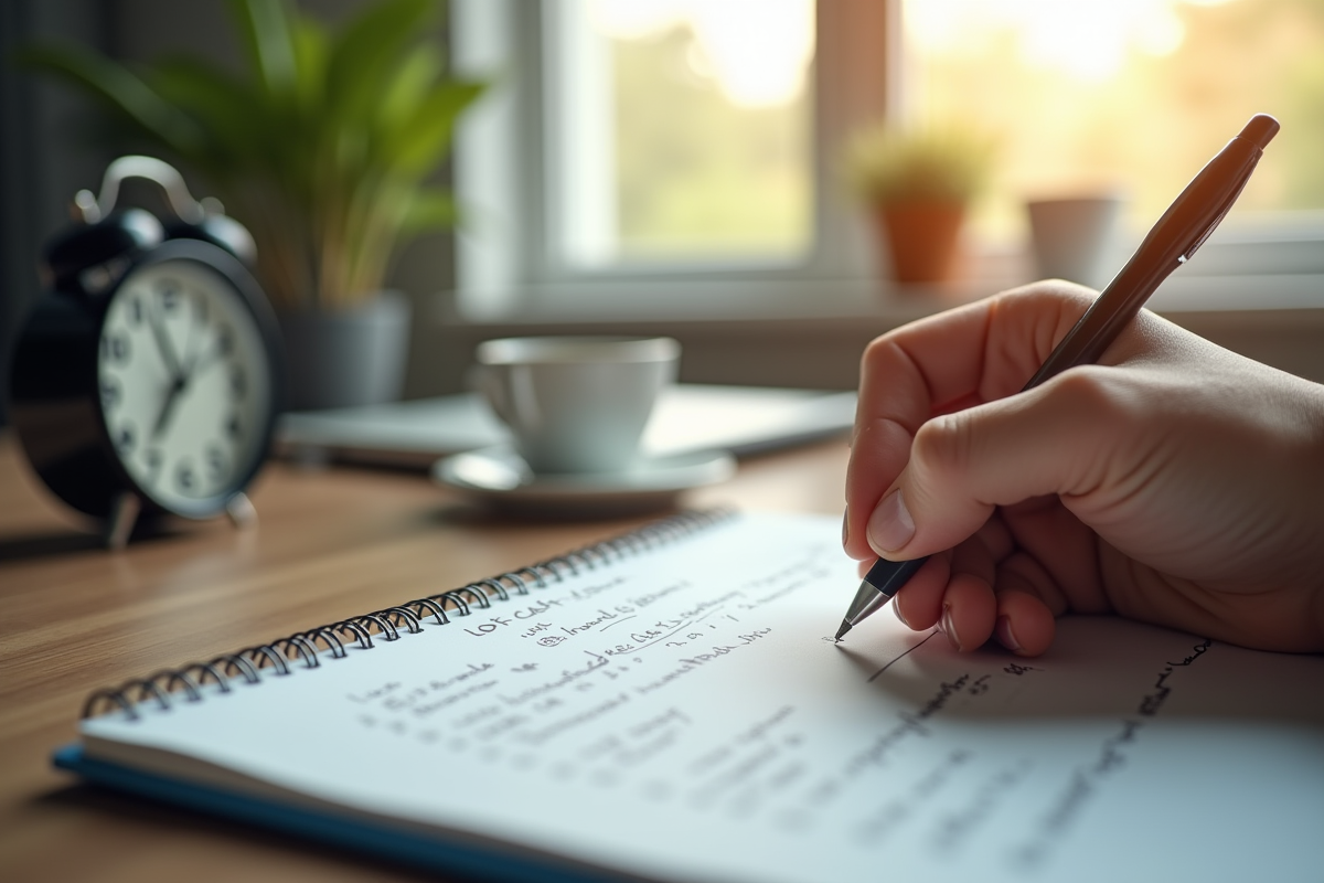 Espace de travail moderne avec une personne écrivant une liste
