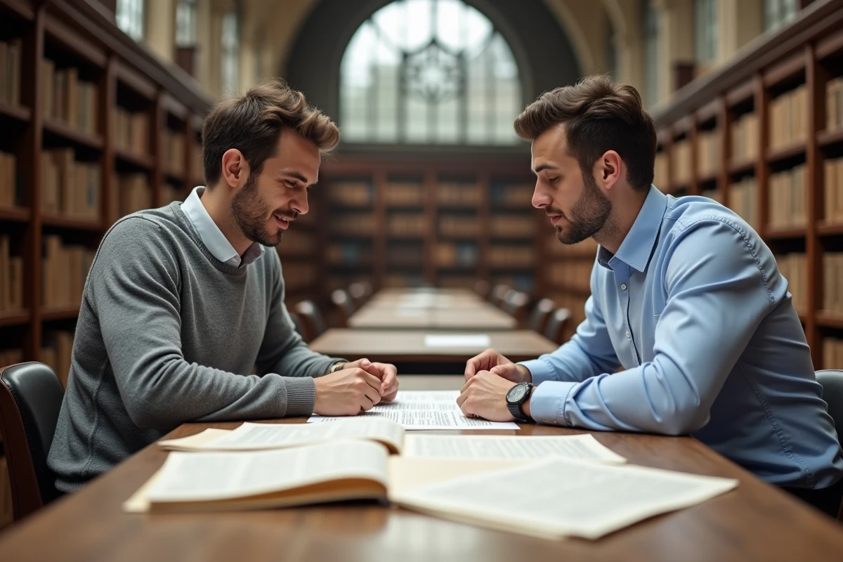 Deux étudiants en droit analysant des contrats et des extraits du code civil dans une bibliothèque universitaire