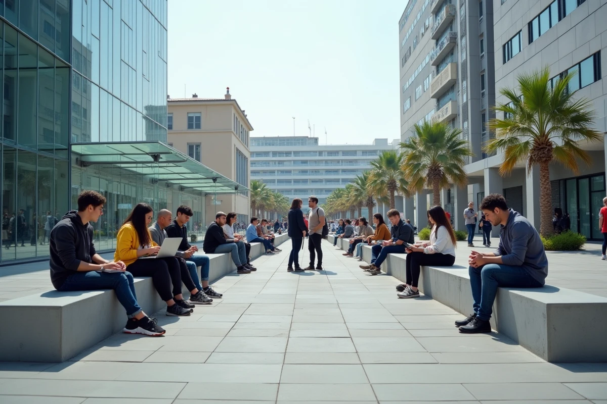 Jeunes professionnels dans le quartier Euroméditerranée à Marseille illustrant la croissance urbaine et démographique