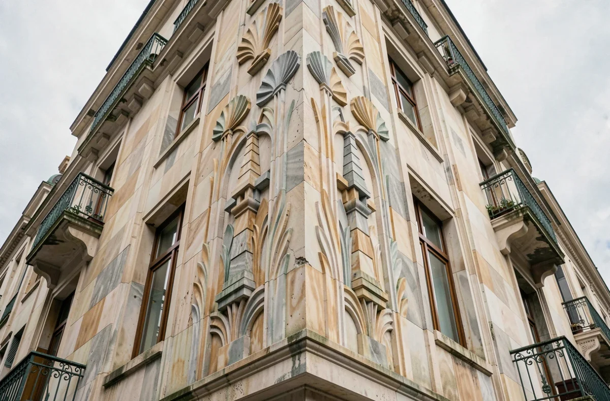 Façade Art déco en calcaire sculpté avec motifs géométriques en éventail et ziggurats en milieu urbain