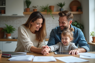 Famille souriante dans une cuisine moderne et chaleureuse