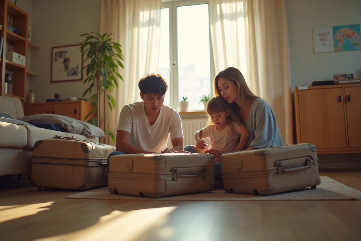 Famille inquiète avec valises dans un appartement lumineux
