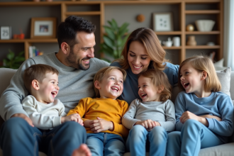 Famille recomposée partageant un moment de rire dans un salon chaleureux