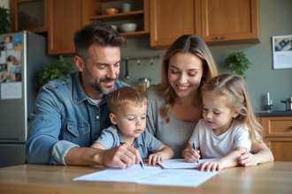 Famille de quatre autour d'une table moderne chaleureuse