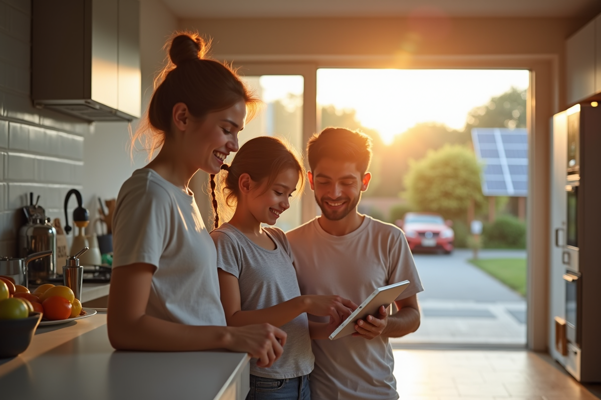 Famille souriante utilisant tableau de bord energie dans la cuisine