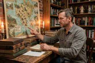 Fan de fantasy étudiant l'ordre de visionnage du Seigneur des Anneaux avec une carte et des livres sur un bureau en bois