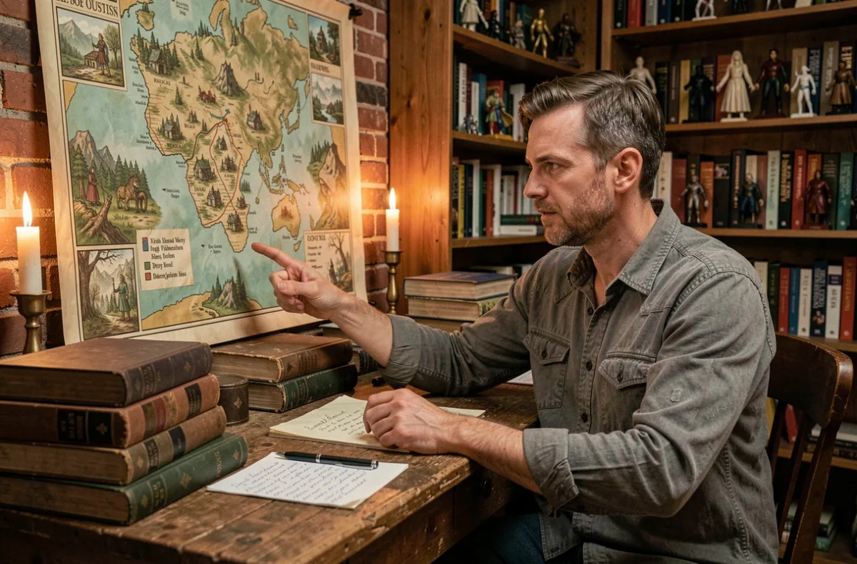 Fan de fantasy étudiant l'ordre de visionnage du Seigneur des Anneaux avec une carte et des livres sur un bureau en bois