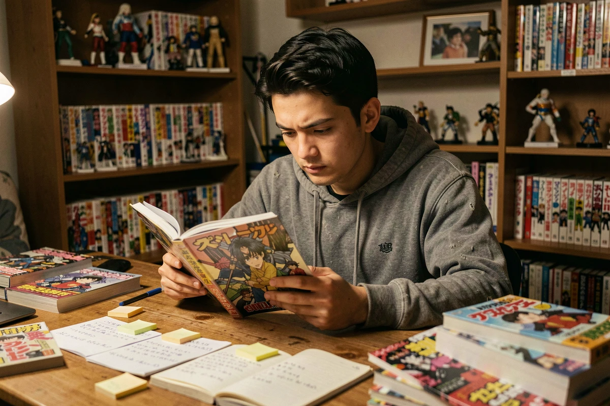 Fan de manga concentré en train de lire un comics hero system entouré de notes et de volumes empilés sur son bureau