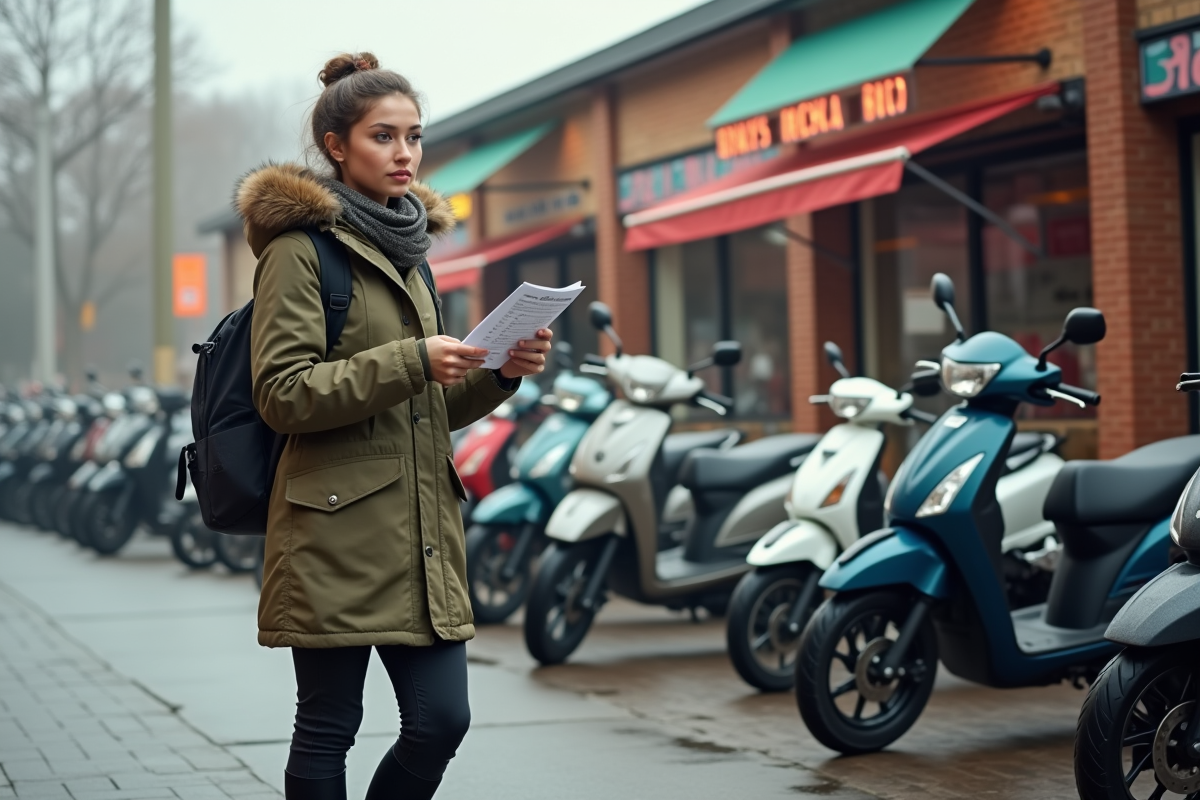 Jeune femme regardant une moto dans un concessionnaire