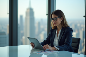 Femme d'affaires en costume regardant une tablette en ville