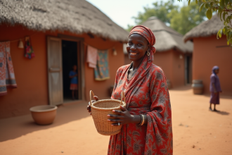 Femme africaine en tenue traditionnelle dans un village