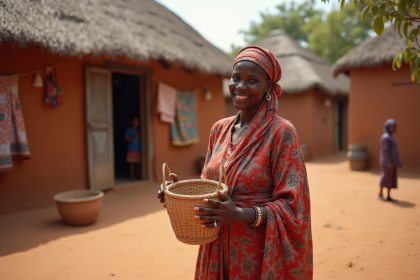 Femme africaine en tenue traditionnelle dans un village