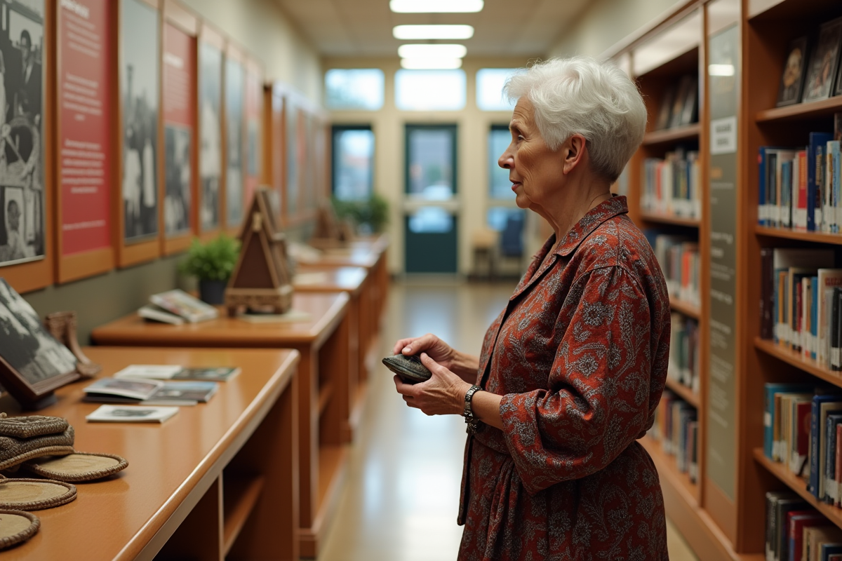 Femme âgée observant une exposition culturelle dans une bibliothèque lumineuse
