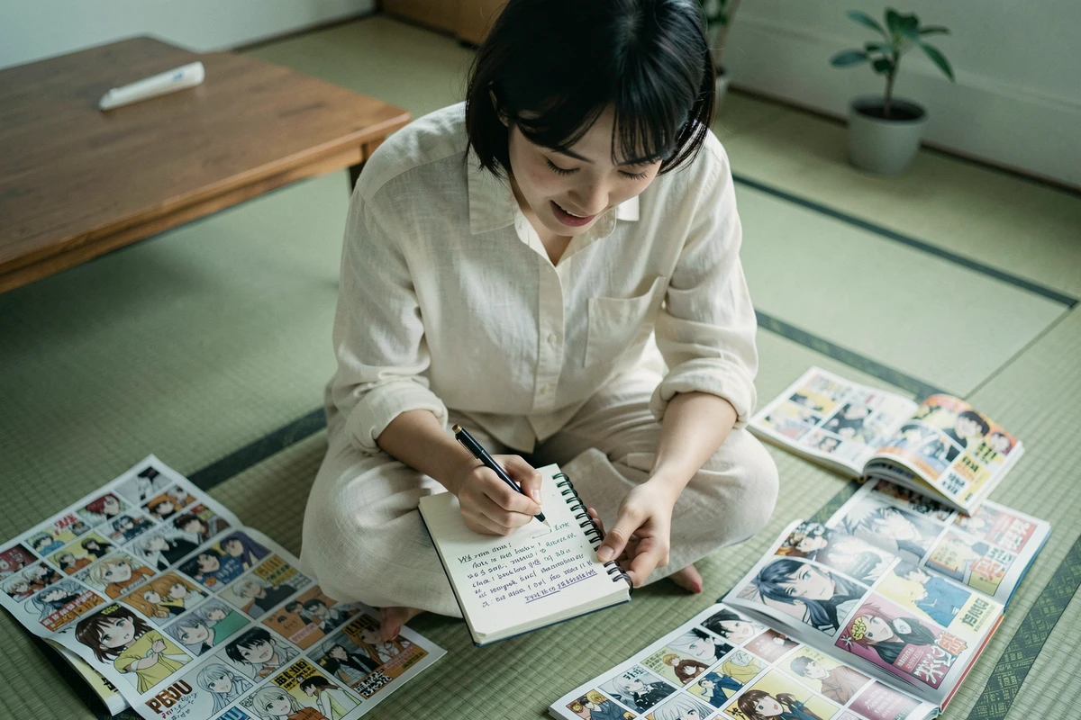 Jeune femme annotant des spoilers et théories de manga hero cheat system dans une chambre minimaliste