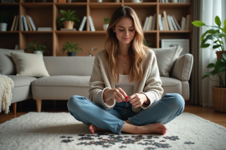 Femme en intérieur assemble un puzzle dans un salon cosy
