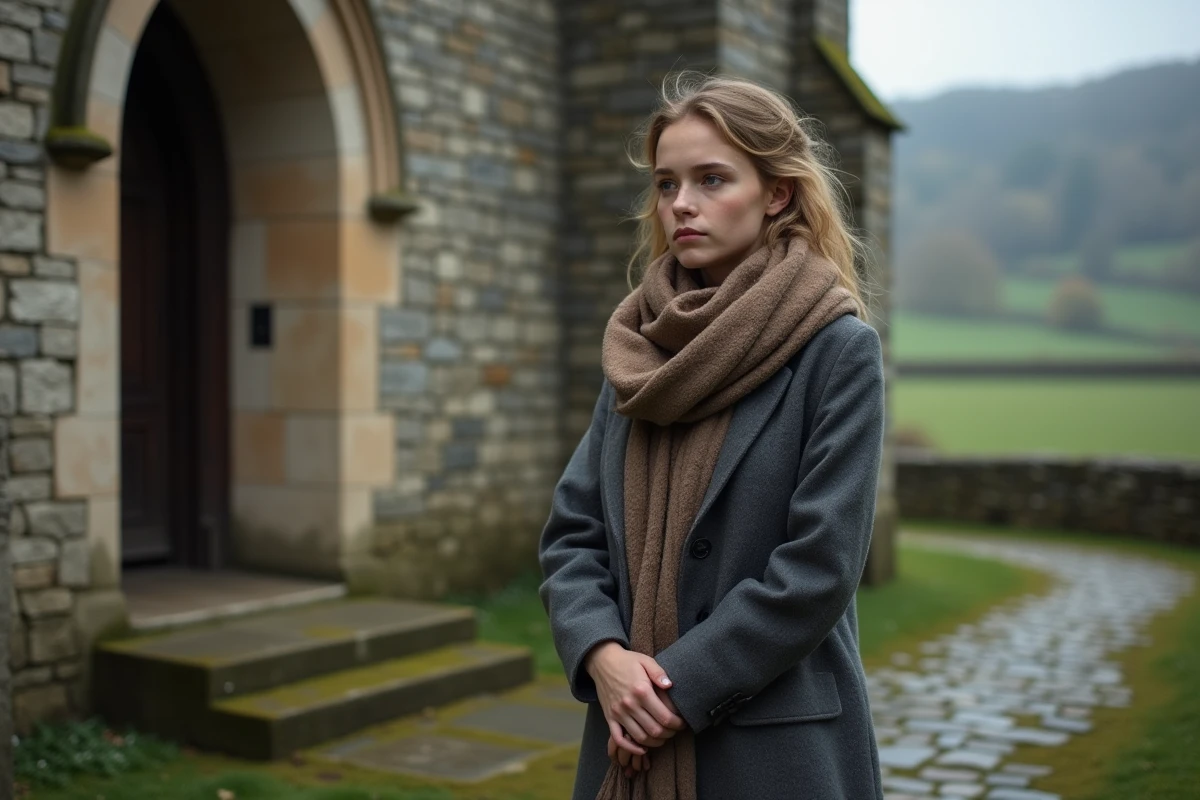 Jeune femme dans un paysage auvergnat devant une vieille église