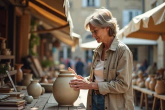 Femme examinant un vase ancien lors d'une brocante en plein air dans le Nord de la France