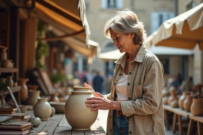 Femme examinant un vase ancien lors d'une brocante en plein air dans le Nord de la France