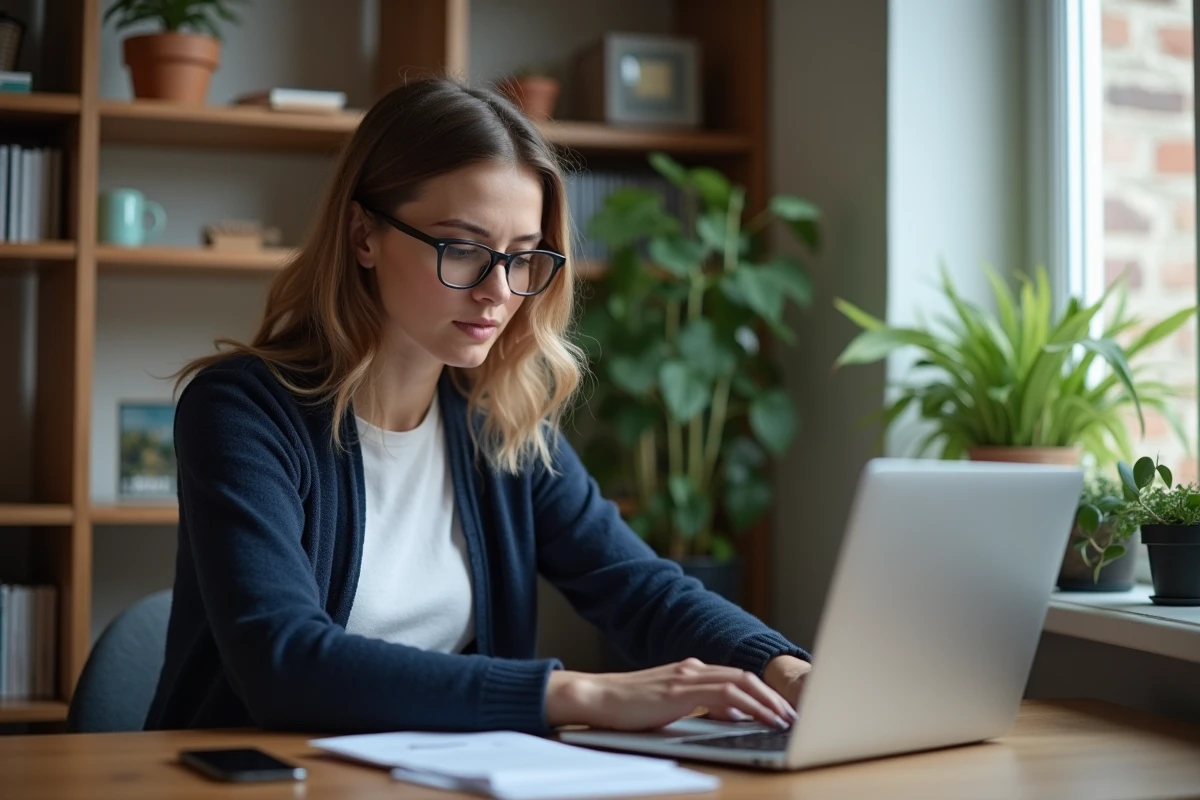 Femme concentrée sur son ordinateur dans un bureau cosy