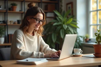 Jeune femme travaillant sur son ordinateur dans un bureau cosy