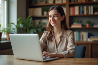 Jeune femme travaillant sur son ordinateur à la maison