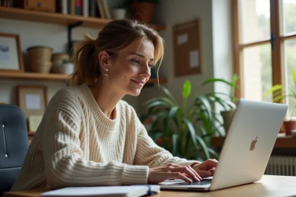 Femme assise à un bureau lumineux en home office