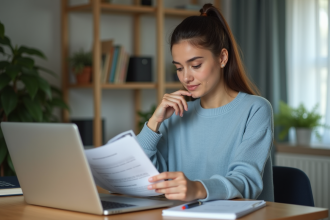 Jeune femme au bureau comparant documents et traduction