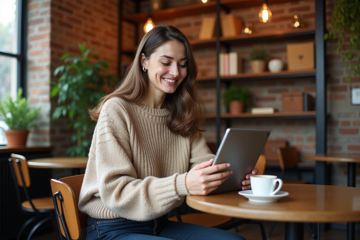 Femme travaillant sur une tablette dans un café chaleureux