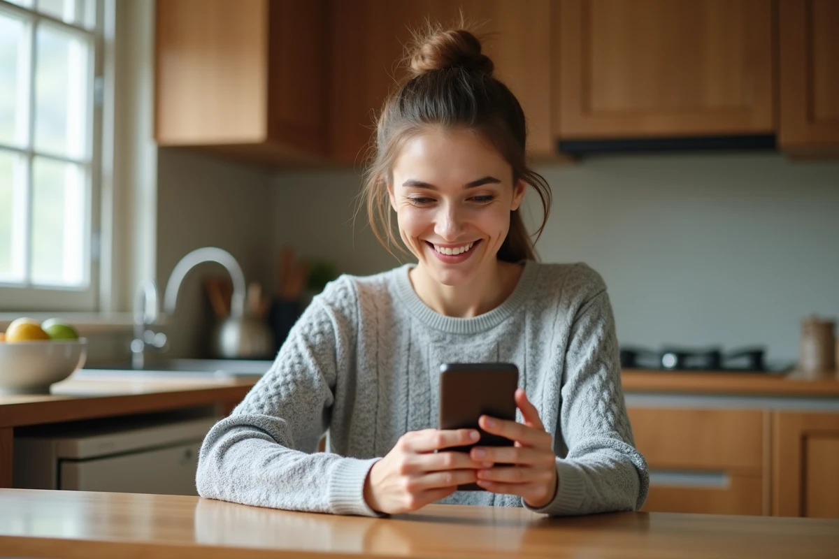 Femme utilisant son smartphone pour saisir un code promo Carrefour Drive dans une application mobile de courses en ligne