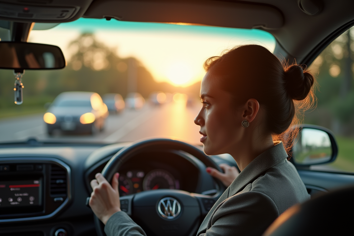 Femme conductrice rêveuse au volant en trafic lumineux