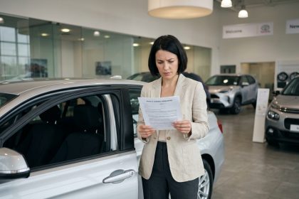 Femme examinant un contrat de LOA dans une concession automobile moderne à côté d'une berline compacte argentée