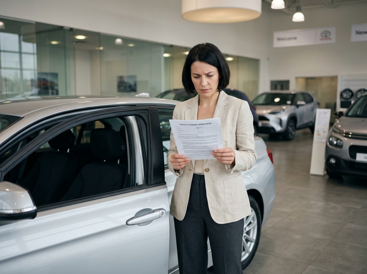 Femme examinant un contrat de LOA dans une concession automobile moderne à côté d'une berline compacte argentée