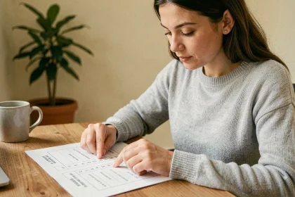 Femme consultant un tableau de conversion heure AM PM en format 24h sur son bureau en bois à la maison