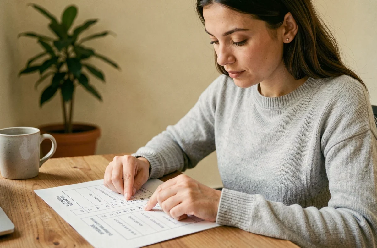 Femme consultant un tableau de conversion heure AM PM en format 24h sur son bureau en bois à la maison